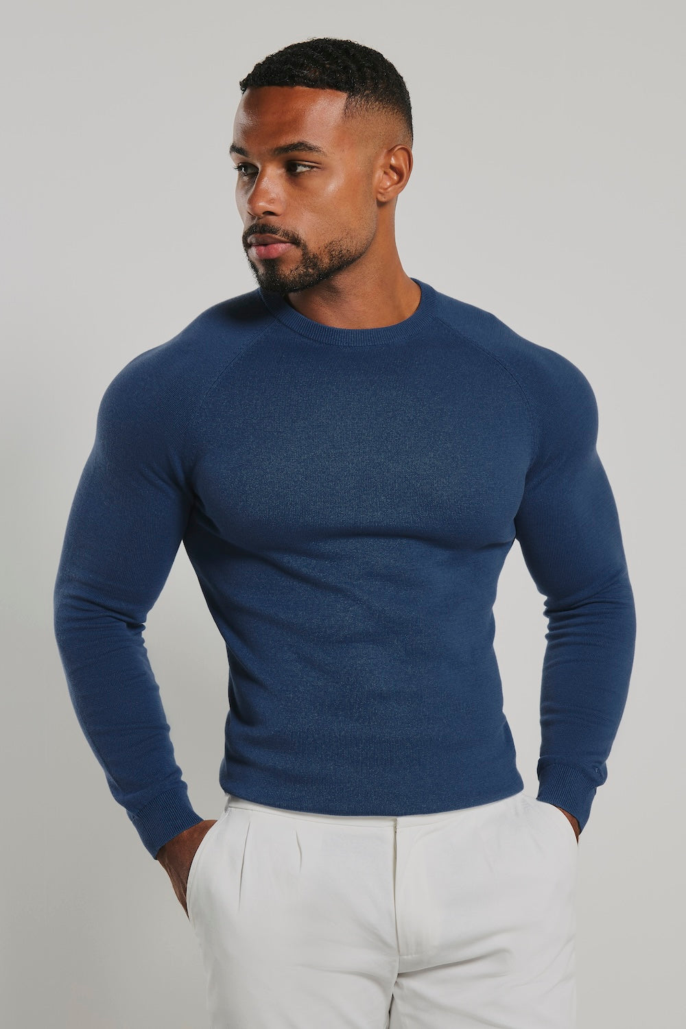 Pure Cotton Knitted Crew Neck Sweater in Airforce