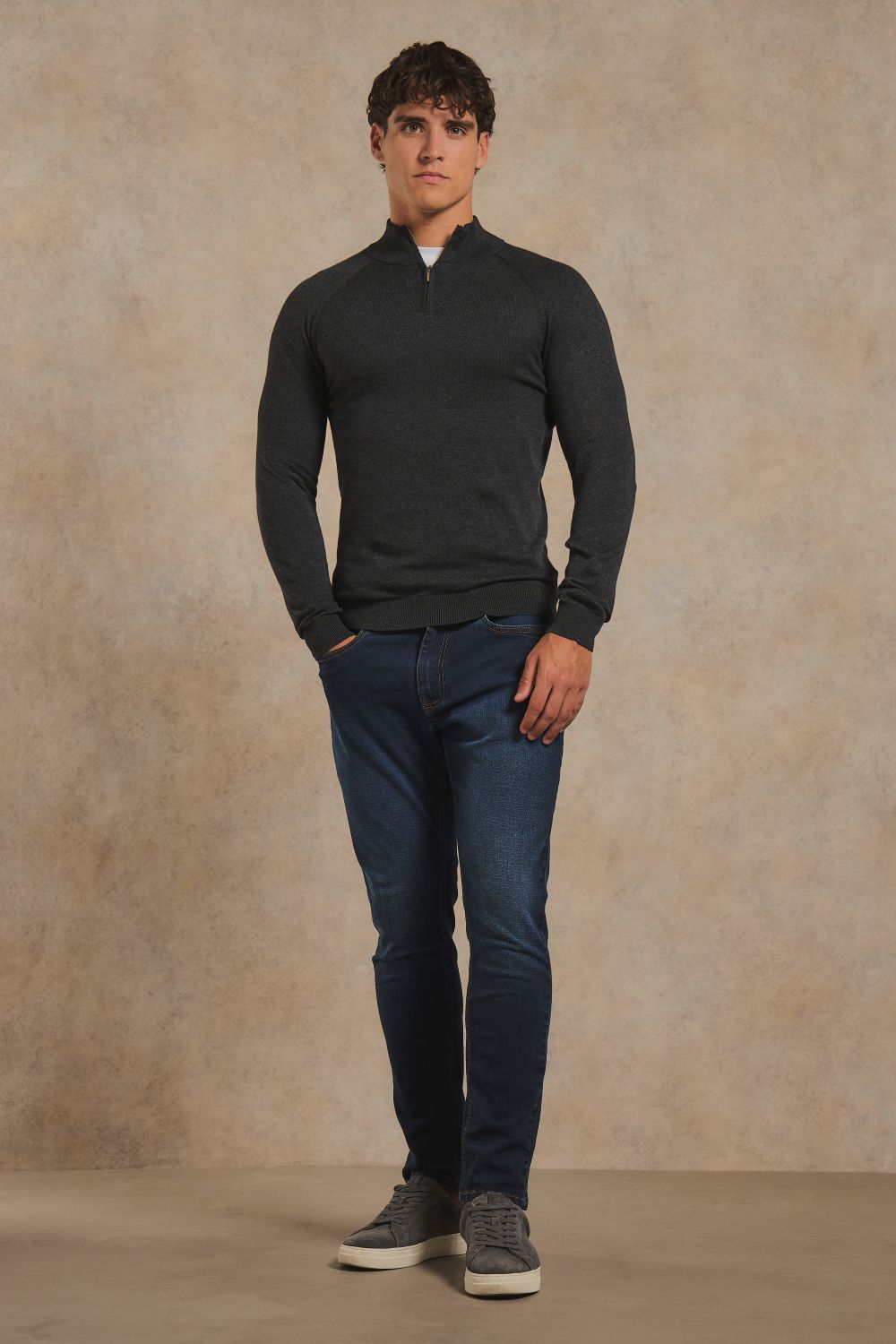 Pure Cotton Knitted Half Zip Neck Sweater in Anthracite