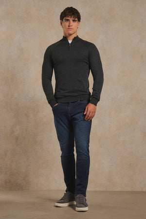 Pure Cotton Knitted Half Zip Neck Sweater in Anthracite
