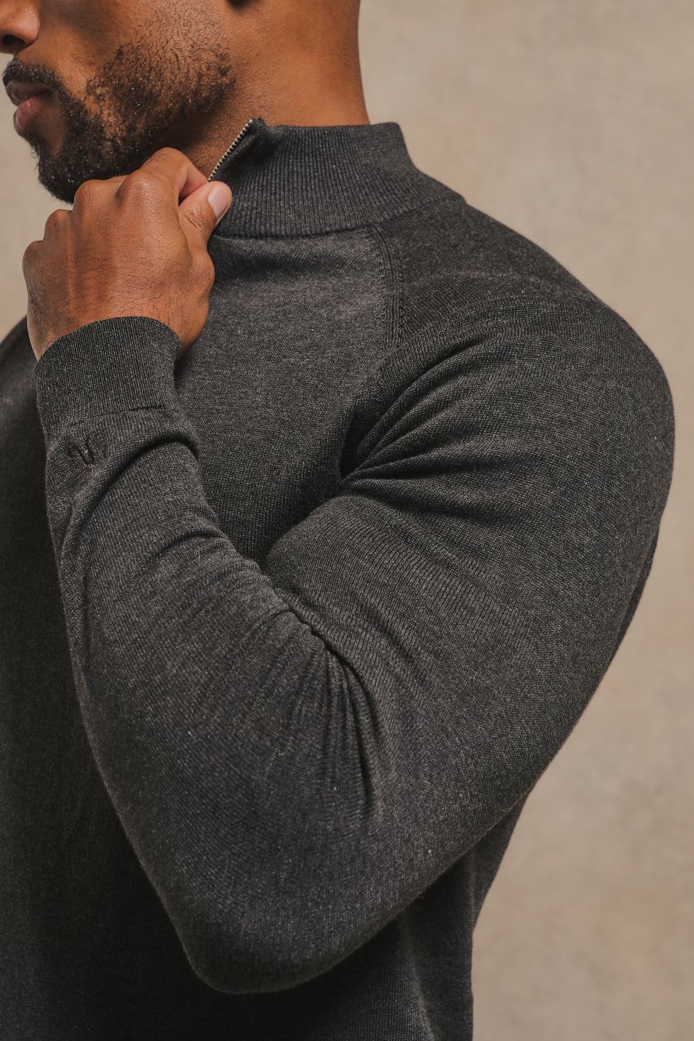 Pure Cotton Knitted Half Zip Neck Sweater in Anthracite