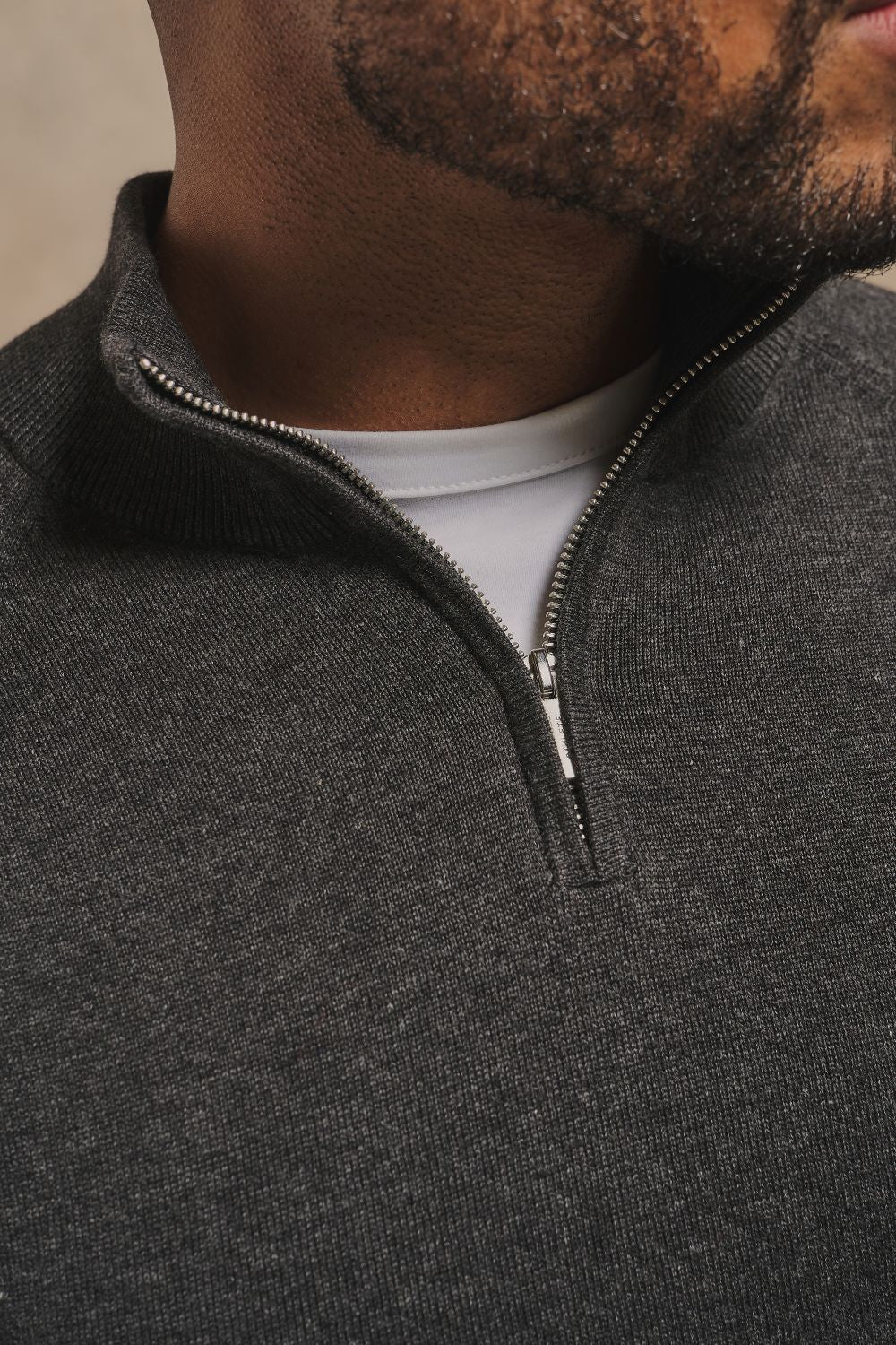 Pure Cotton Knitted Half Zip Neck Sweater in Anthracite