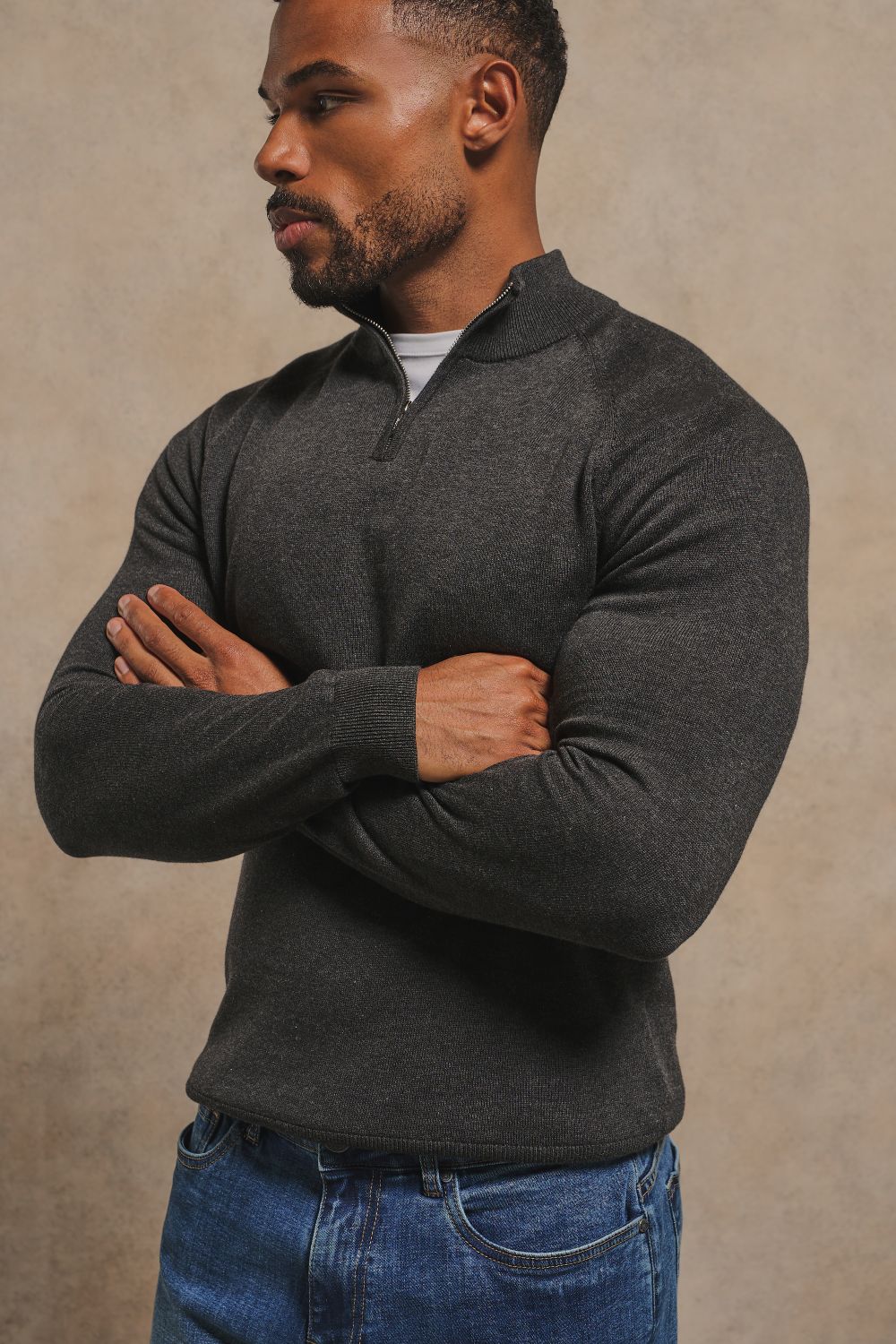 Pure Cotton Knitted Half Zip Neck Sweater in Anthracite