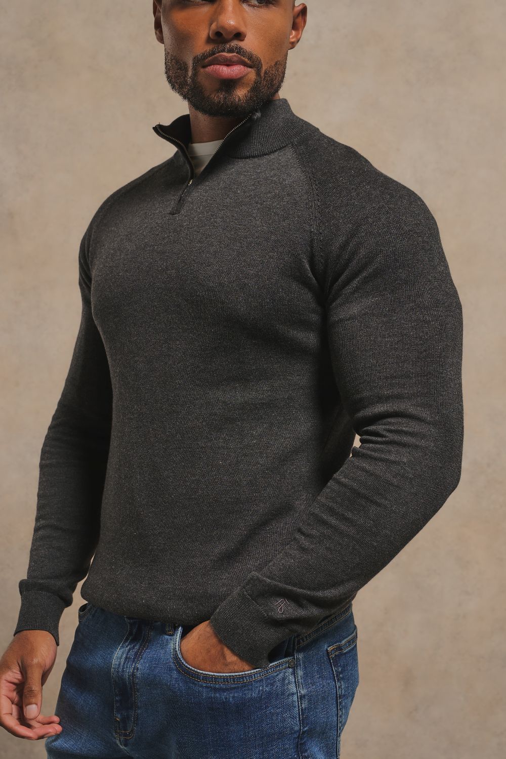 Pure Cotton Knitted Half Zip Neck Sweater in Anthracite