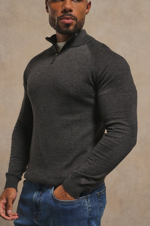 Pure Cotton Knitted Half Zip Neck Sweater in Anthracite