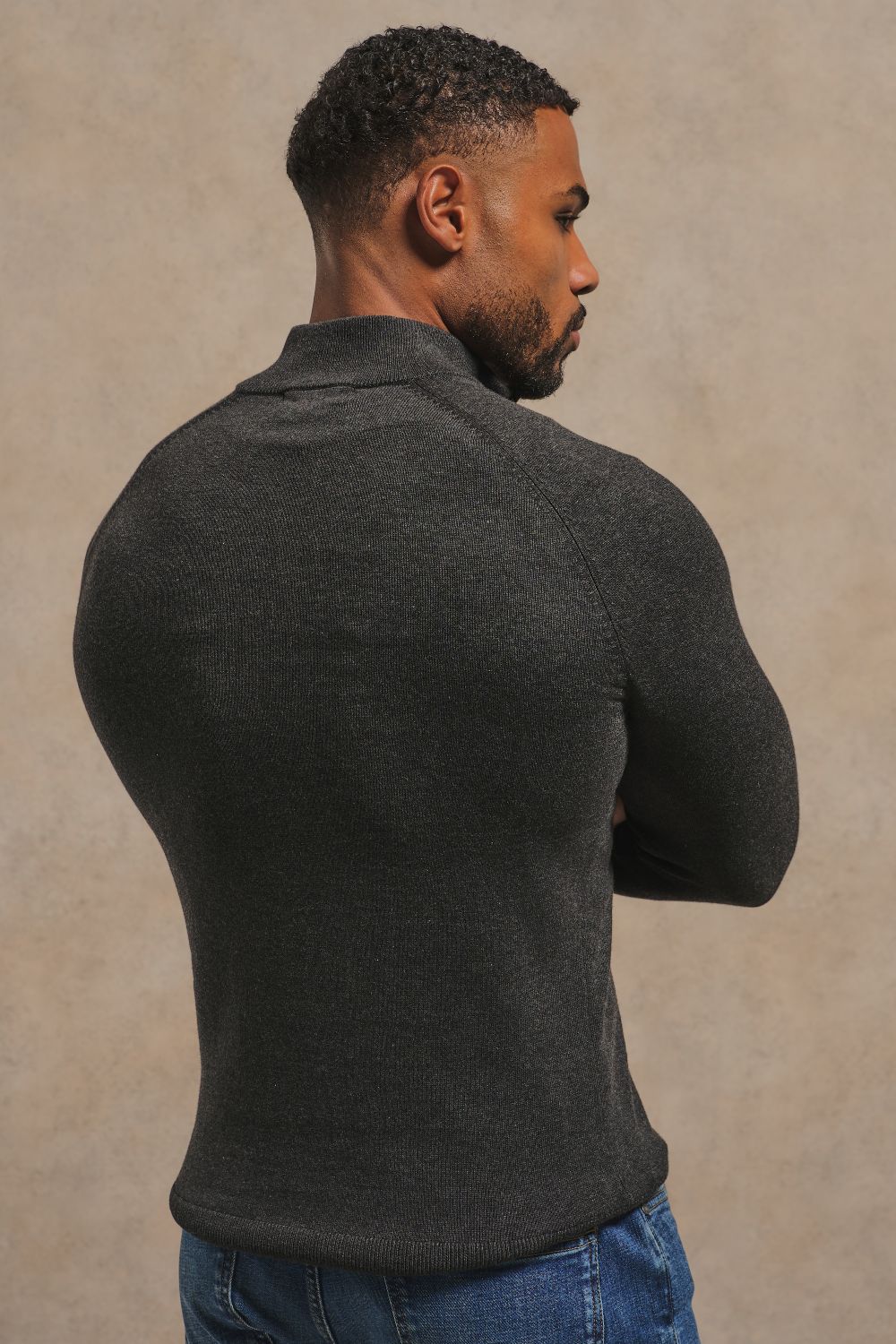 Pure Cotton Knitted Half Zip Neck Sweater in Anthracite