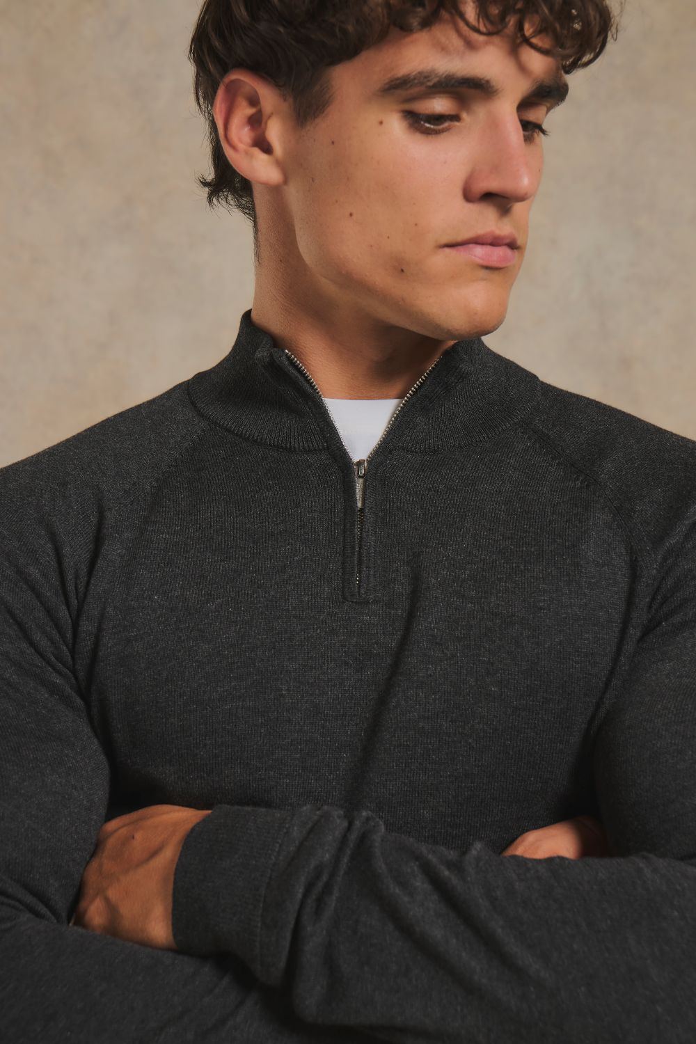 Pure Cotton Knitted Half Zip Neck Sweater in Anthracite