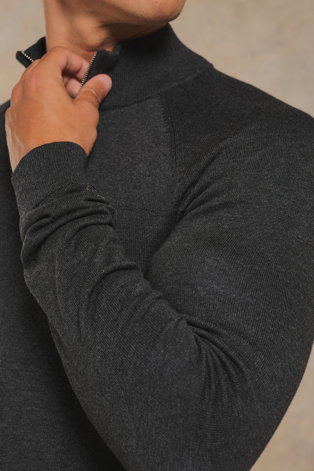 Pure Cotton Knitted Half Zip Neck Sweater in Anthracite