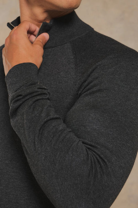 Pure Cotton Knitted Half Zip Neck Sweater in Anthracite