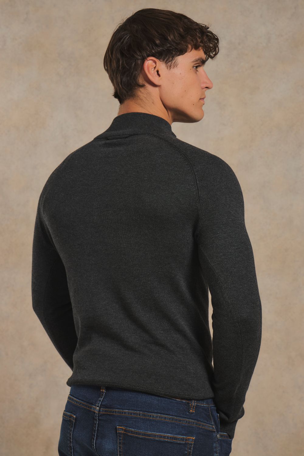 Pure Cotton Knitted Half Zip Neck Sweater in Anthracite