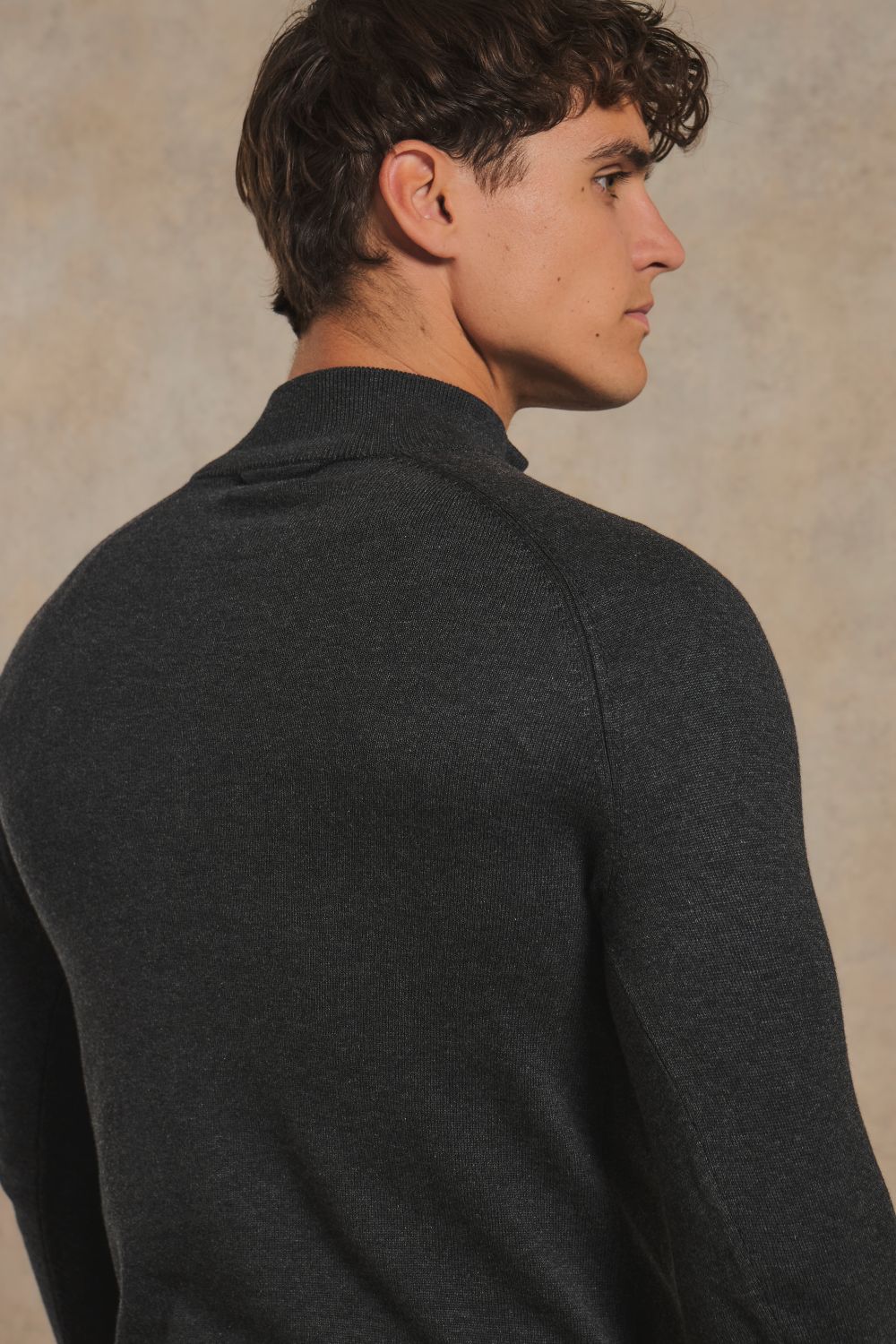 Pure Cotton Knitted Half Zip Neck Sweater in Anthracite