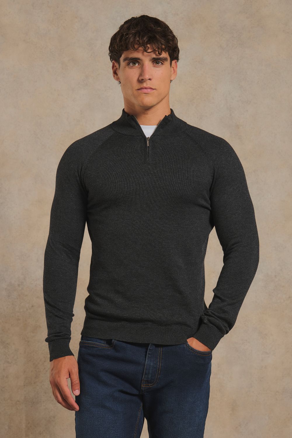 Pure Cotton Knitted Half Zip Neck Sweater in Anthracite