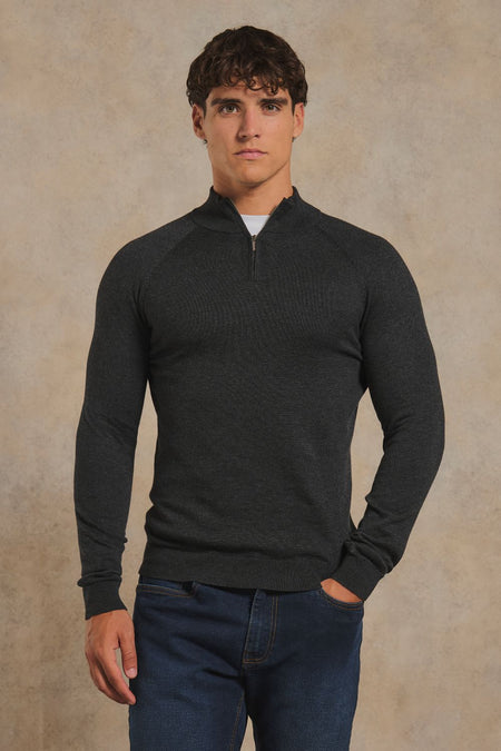 Pure Cotton Knitted Half Zip Neck Sweater in Anthracite