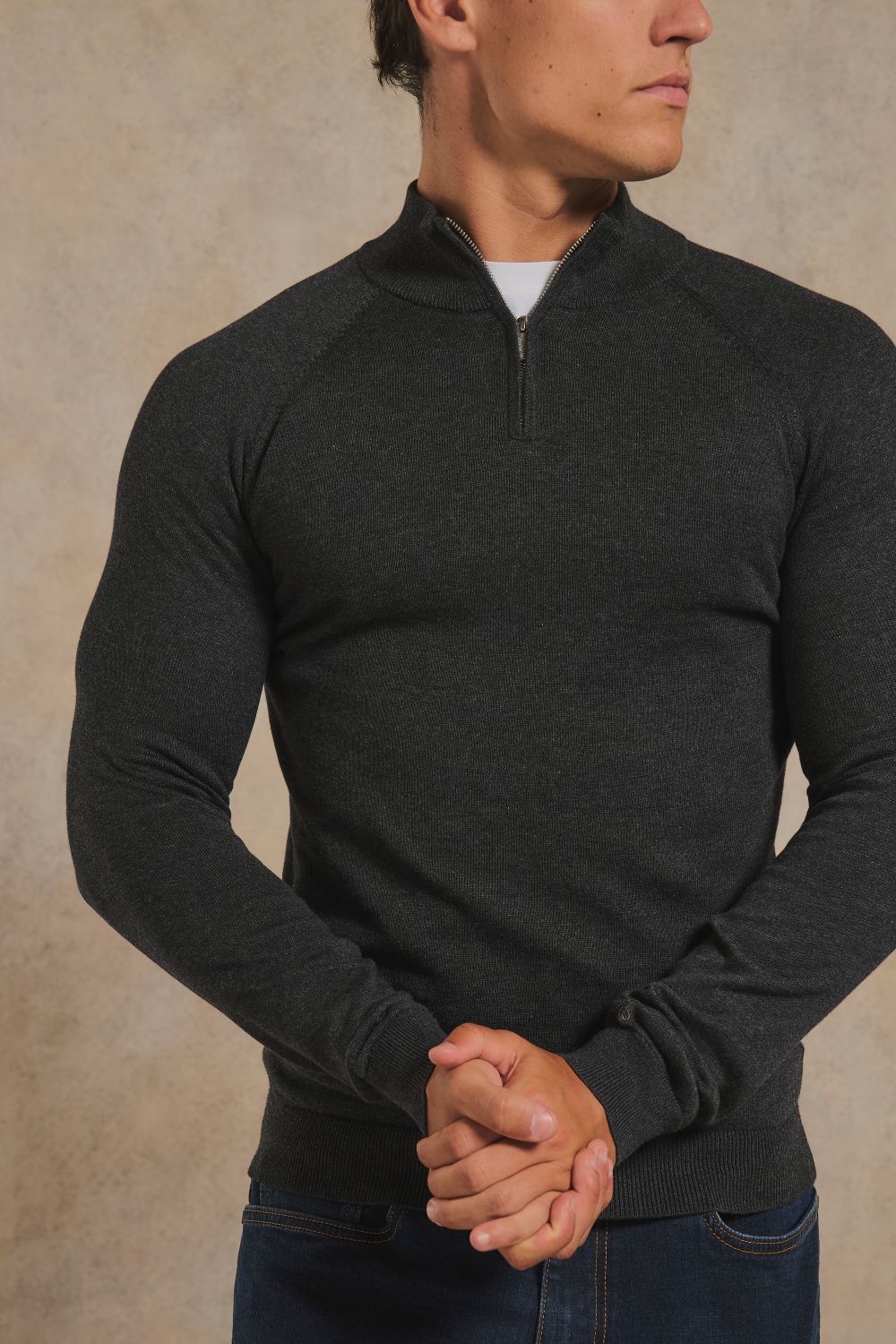 Pure Cotton Knitted Half Zip Neck Sweater in Anthracite