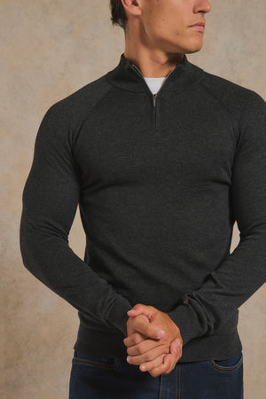 Pure Cotton Knitted Half Zip Neck Sweater in Anthracite