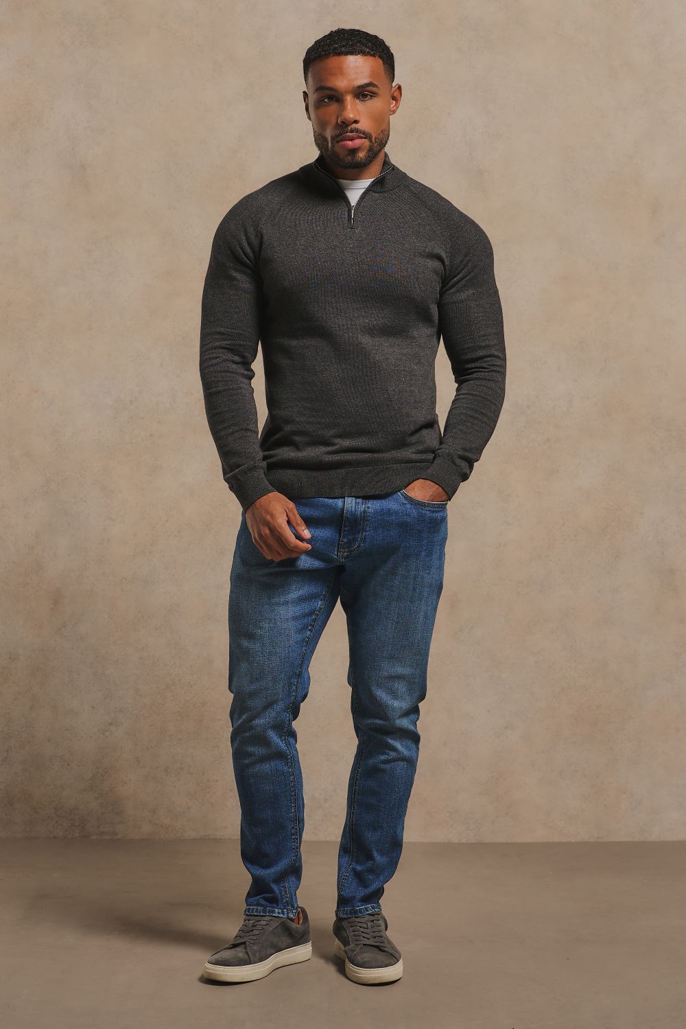 Pure Cotton Knitted Half Zip Neck Sweater in Anthracite