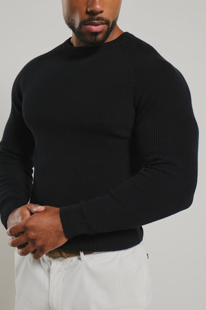 Pure Cotton Knitted Textured Crew Neck Sweater in Black