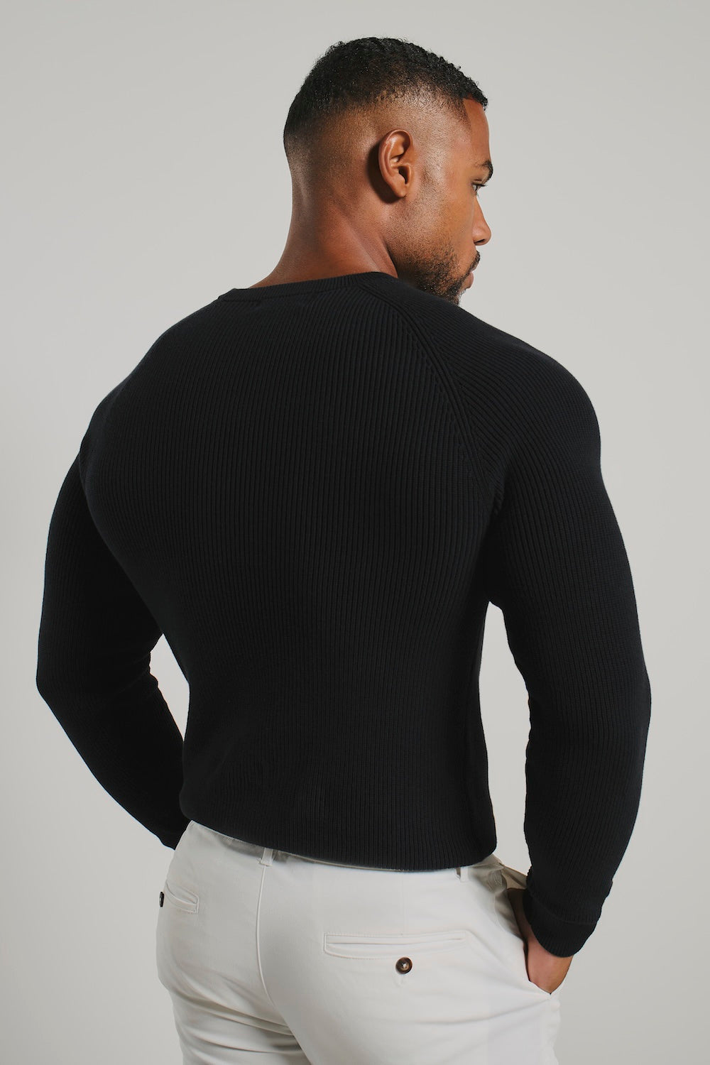 Pure Cotton Knitted Textured Crew Neck Sweater in Black