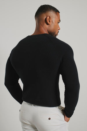 Pure Cotton Knitted Textured Crew Neck Sweater in Black