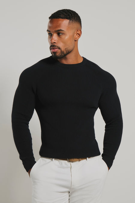 Pure Cotton Knitted Textured Crew Neck Sweater in Black