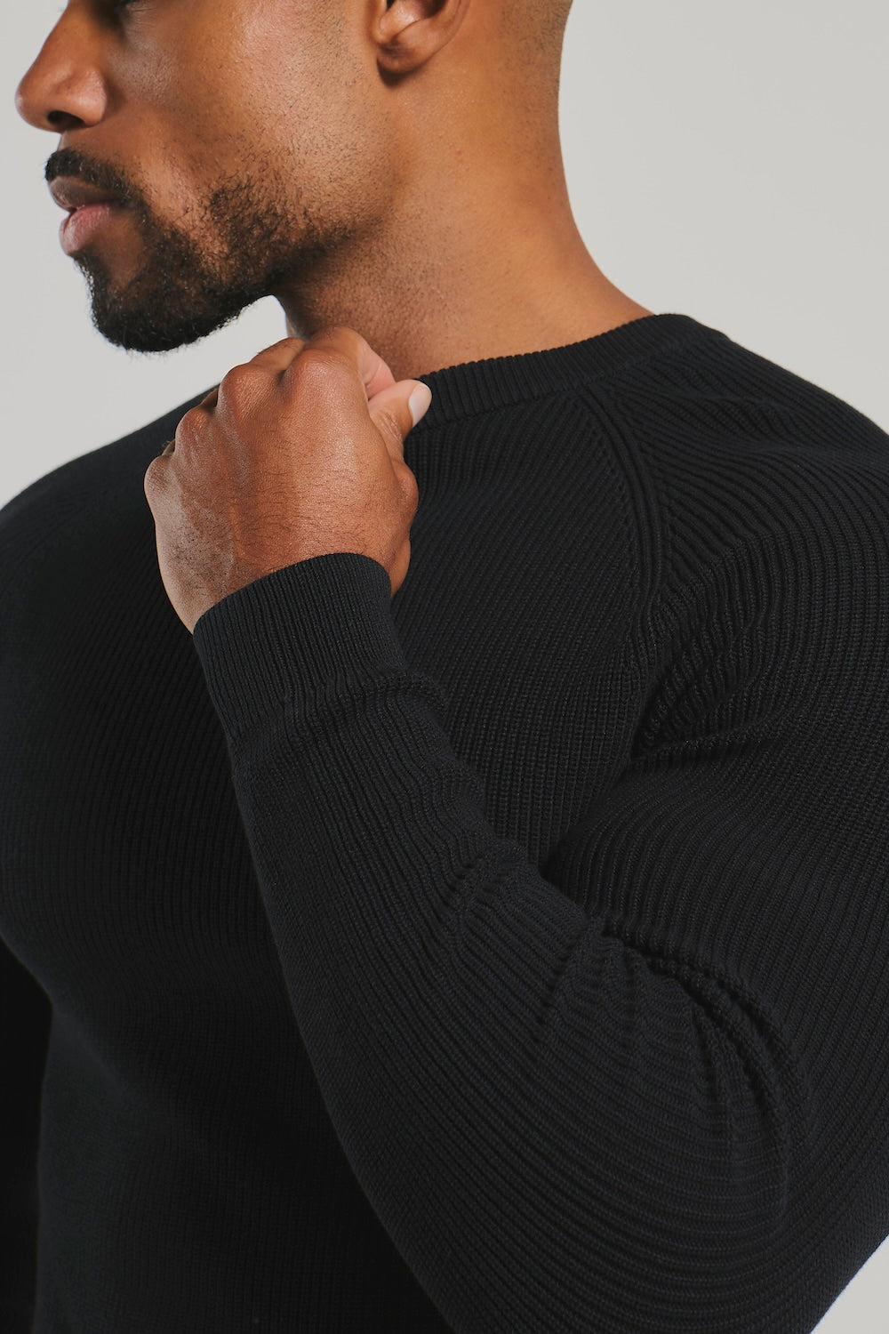 Pure Cotton Knitted Textured Crew Neck Sweater in Black