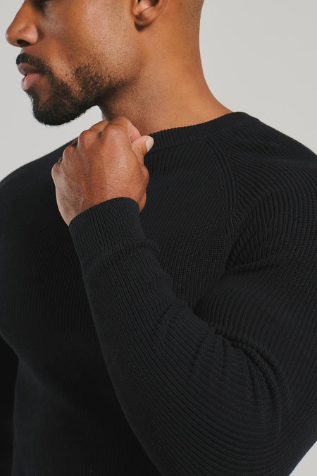 Pure Cotton Knitted Textured Crew Neck Sweater in Black