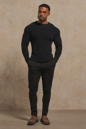 Pure Cotton Knitted Textured Crew Neck Sweater in Black