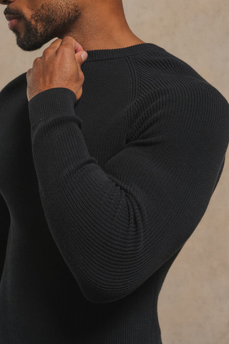 Pure Cotton Knitted Textured Crew Neck Sweater in Black