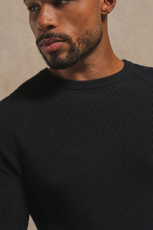 Pure Cotton Knitted Textured Crew Neck Sweater in Black
