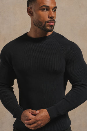 Pure Cotton Knitted Textured Crew Neck Sweater in Black