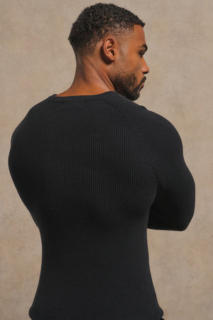 Pure Cotton Knitted Textured Crew Neck Sweater in Black