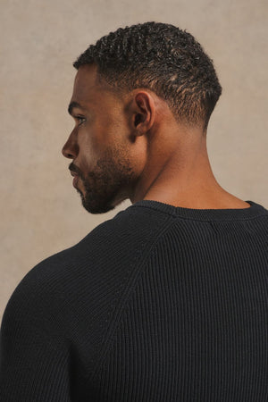Pure Cotton Knitted Textured Crew Neck Sweater in Black