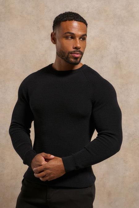 Pure Cotton Knitted Textured Crew Neck Sweater in Black