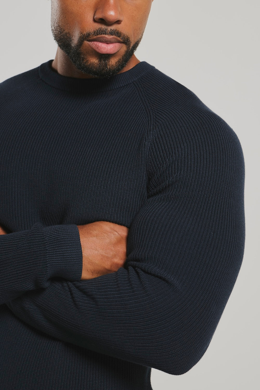 Pure Cotton Knitted Textured Crew Neck Sweater in Navy