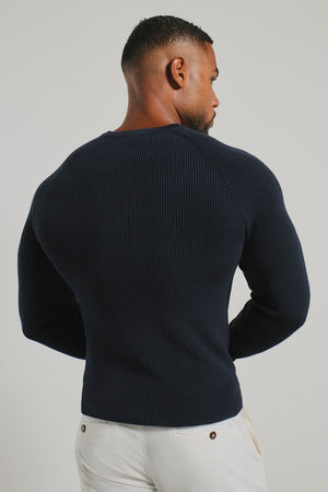 Pure Cotton Knitted Textured Crew Neck Sweater in Navy