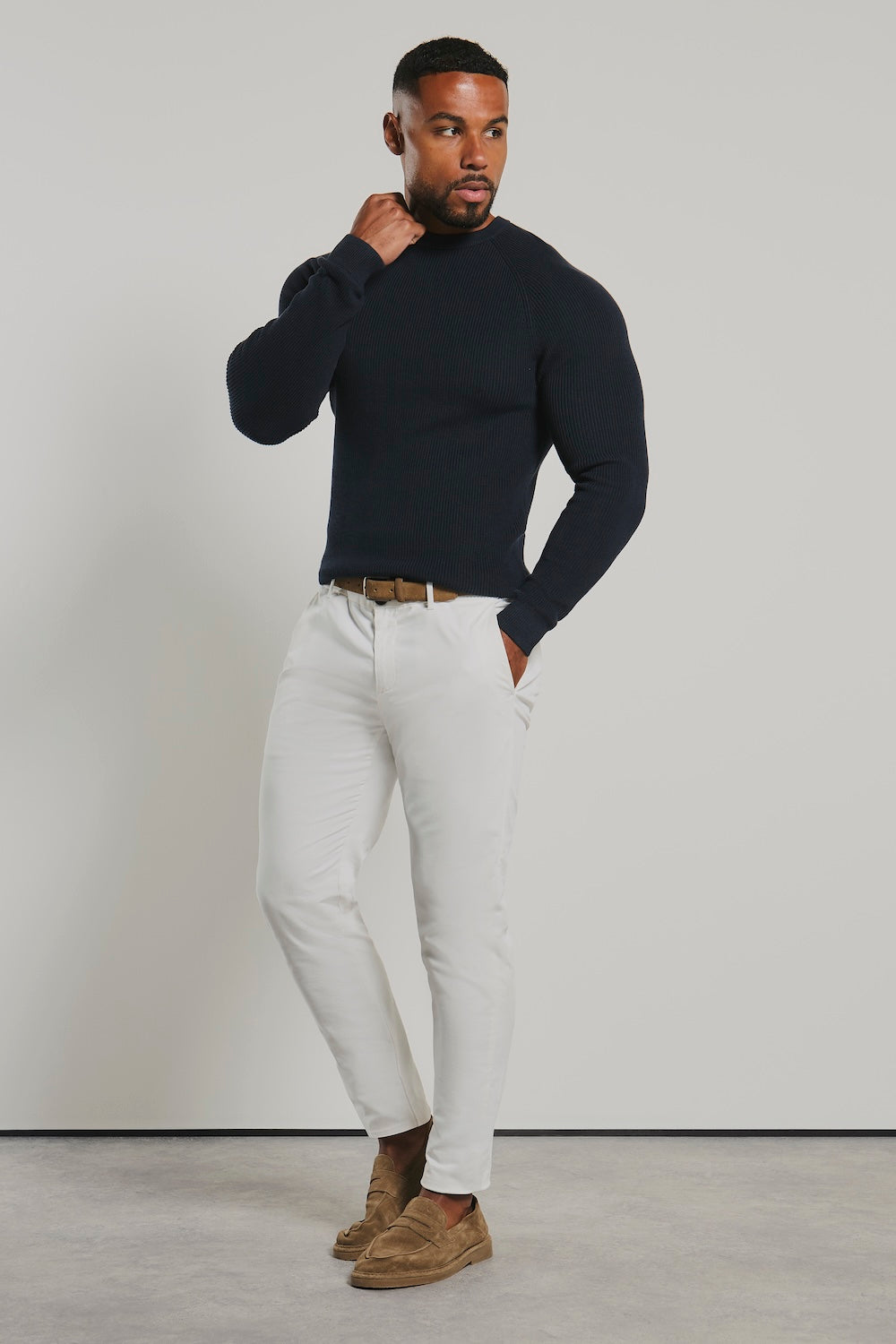 Pure Cotton Knitted Textured Crew Neck Sweater in Navy