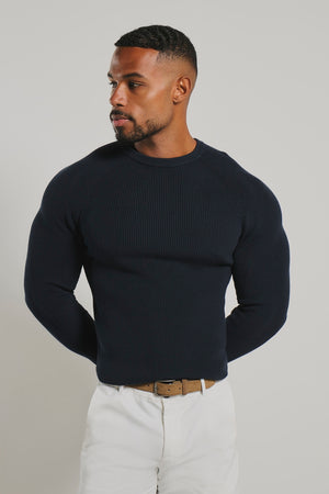 Pure Cotton Knitted Textured Crew Neck Sweater in Navy