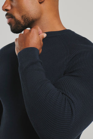Pure Cotton Knitted Textured Crew Neck Sweater in Navy