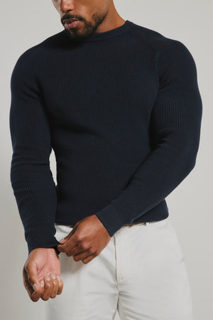 Pure Cotton Knitted Textured Crew Neck Sweater in Navy