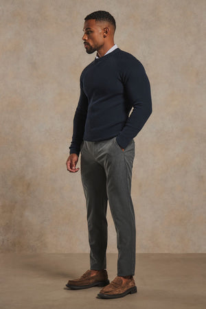 Pure Cotton Knitted Textured Crew Neck Sweater in Navy
