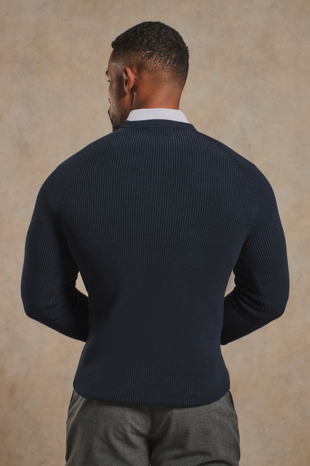 Pure Cotton Knitted Textured Crew Neck Sweater in Navy