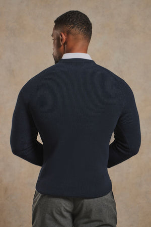 Pure Cotton Knitted Textured Crew Neck Sweater in Navy