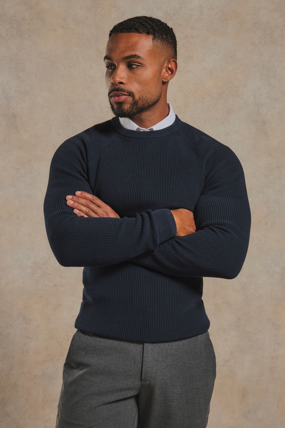 Pure Cotton Knitted Textured Crew Neck Sweater in Navy