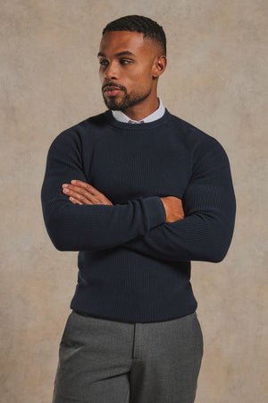 Pure Cotton Knitted Textured Crew Neck Sweater in Navy