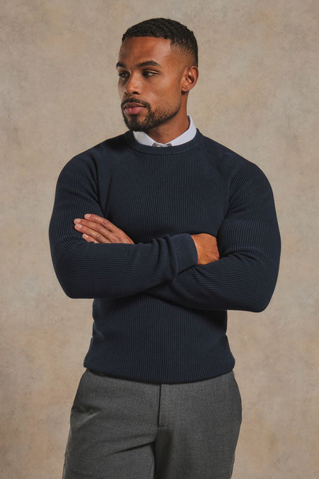 Pure Cotton Knitted Textured Crew Neck Sweater in Navy