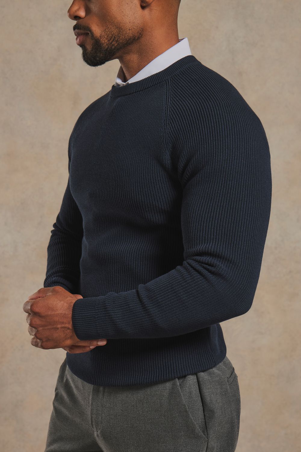 Pure Cotton Knitted Textured Crew Neck Sweater in Navy
