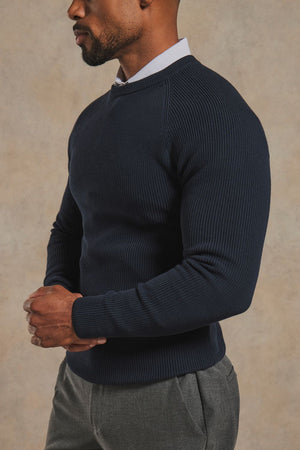 Pure Cotton Knitted Textured Crew Neck Sweater in Navy