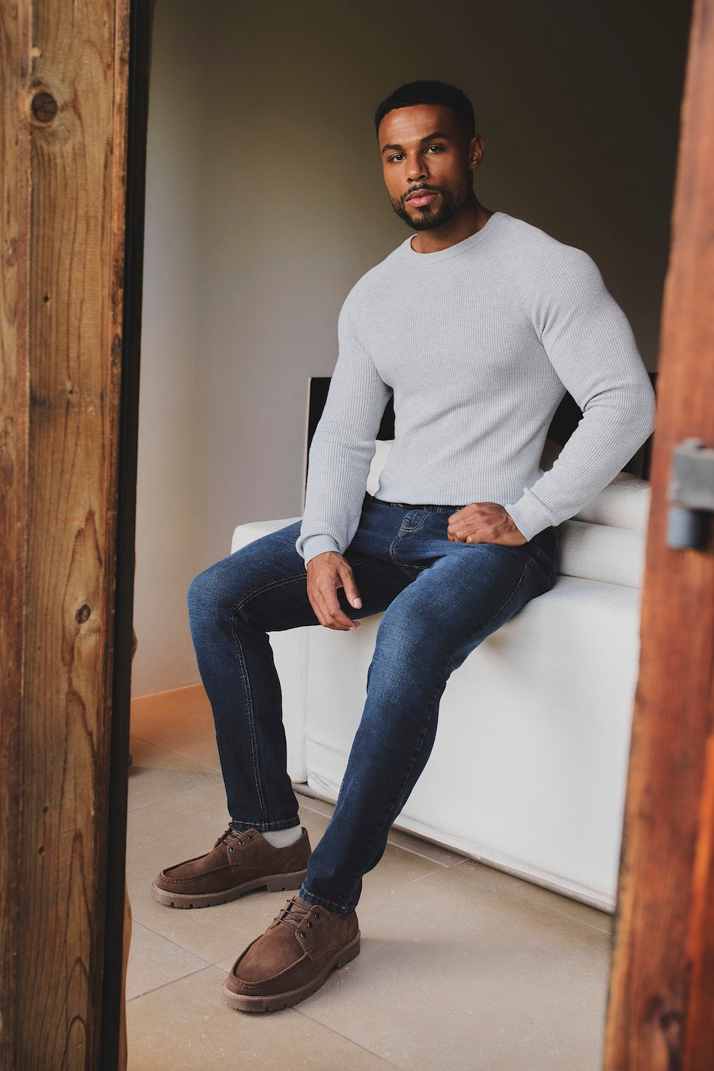 Pure Cotton Knitted Textured Crew Neck Sweater in Soft Grey Marl