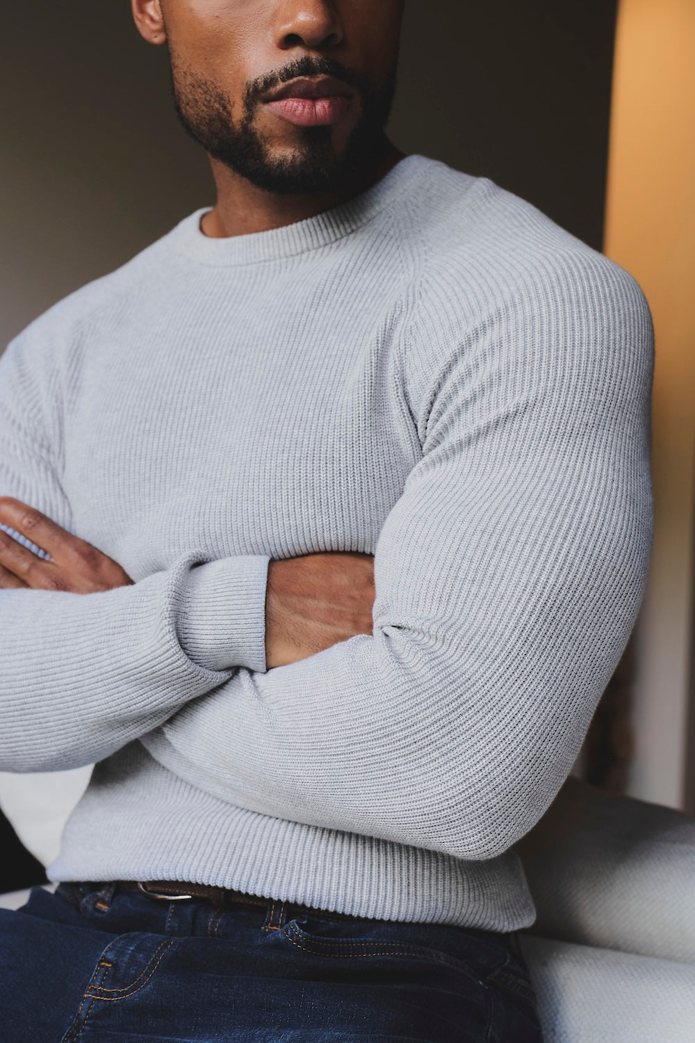 Pure Cotton Knitted Textured Crew Neck Sweater in Soft Grey Marl