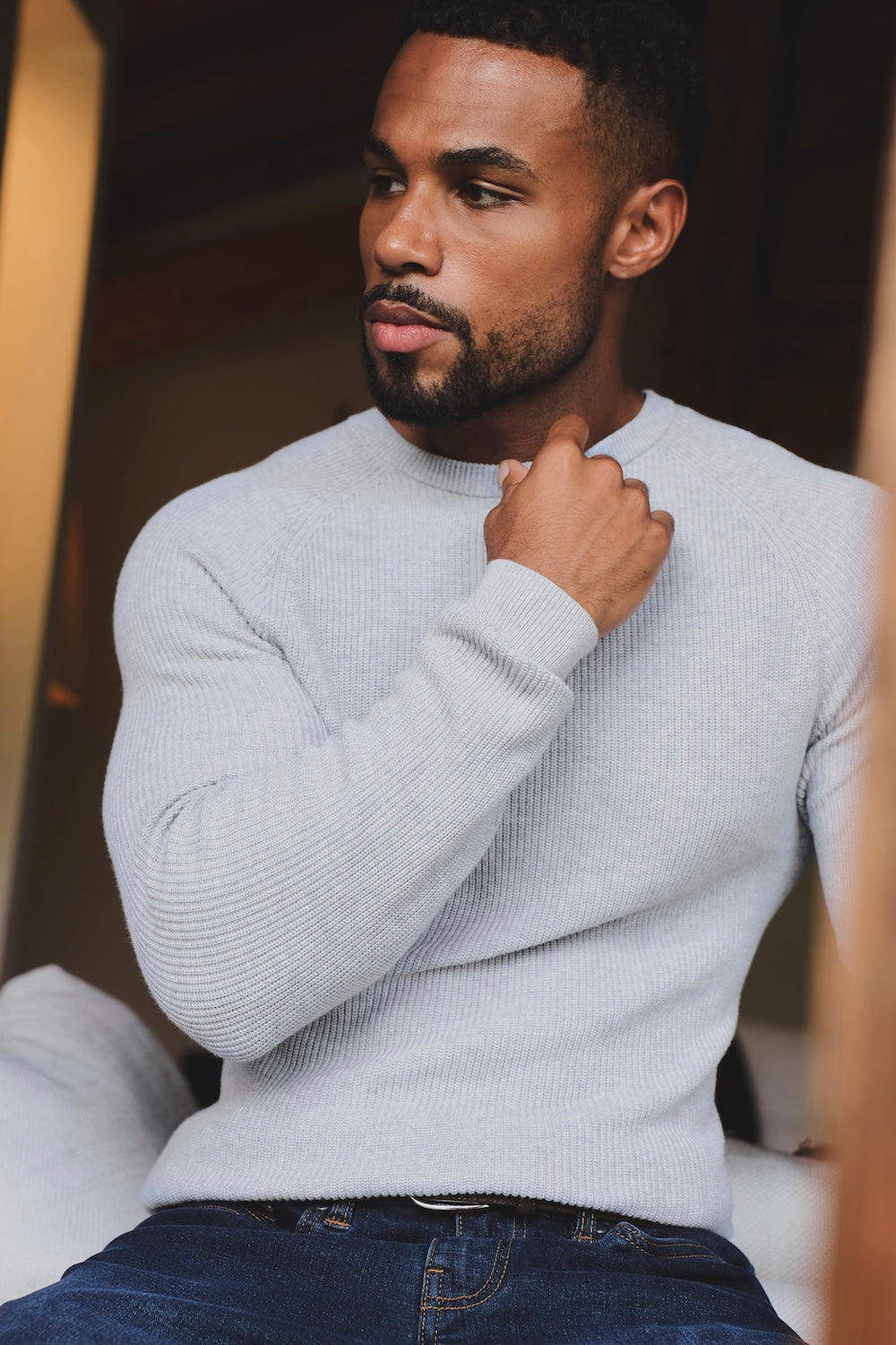 Pure Cotton Knitted Textured Crew Neck Sweater in Soft Grey Marl