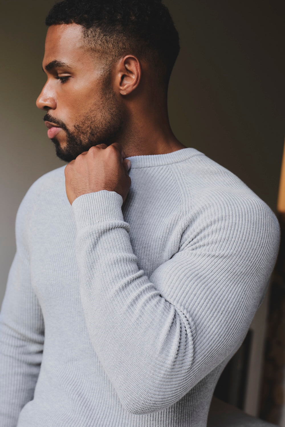 Pure Cotton Knitted Textured Crew Neck Sweater in Soft Grey Marl